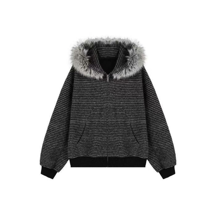 Women's Vintage Fur Collar Hooded Zipper Cardigan Sweater