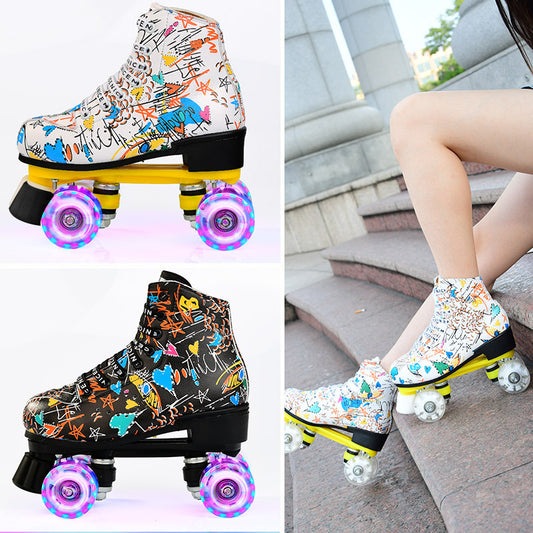 Wear-resistant Graffiti Flashing Wheel Quad Roller Skates