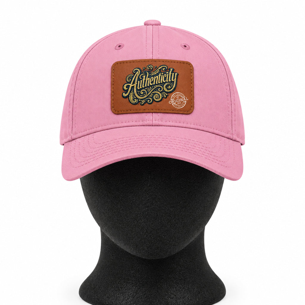 Pink cap with a brown leather patch featuring the word 'Authenticity' on a white background