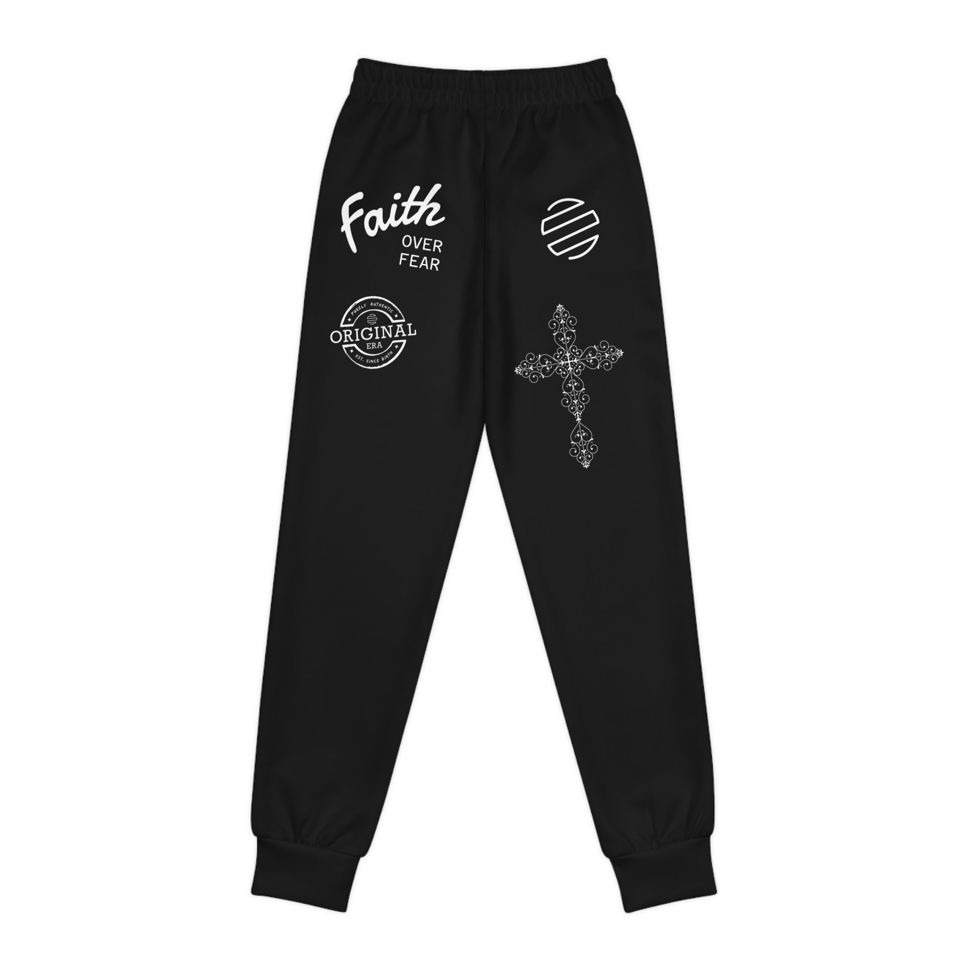 Black sweatpants with white text and designs on a white background