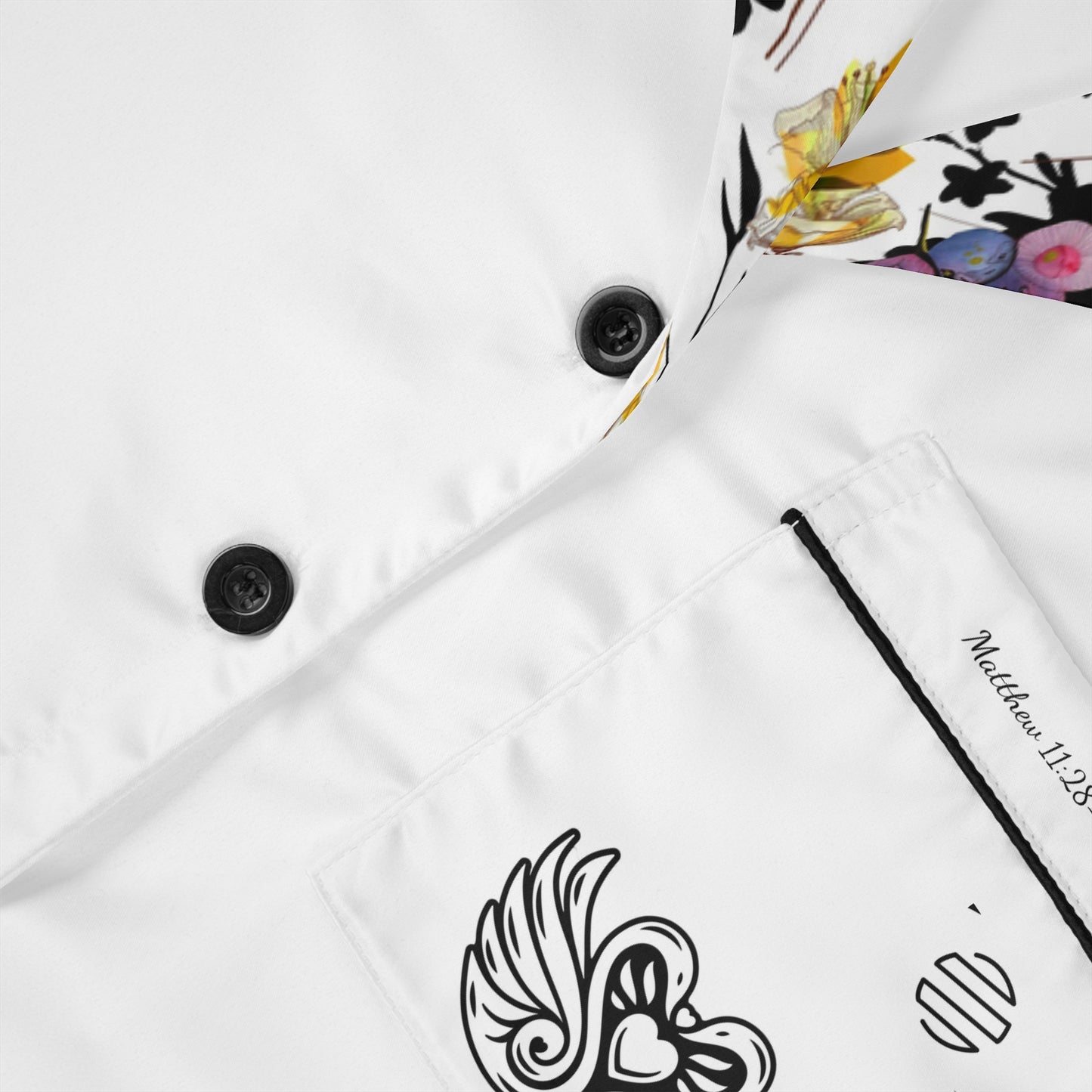 Floral Satin Pajama Set — White Button-Down Top with Purple Floral Print Pants