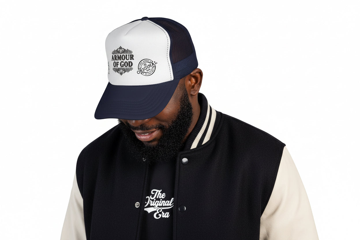 Armor of God Trucker Hat — Christian Faith Baseball Cap with Dove & 'Original' Seal