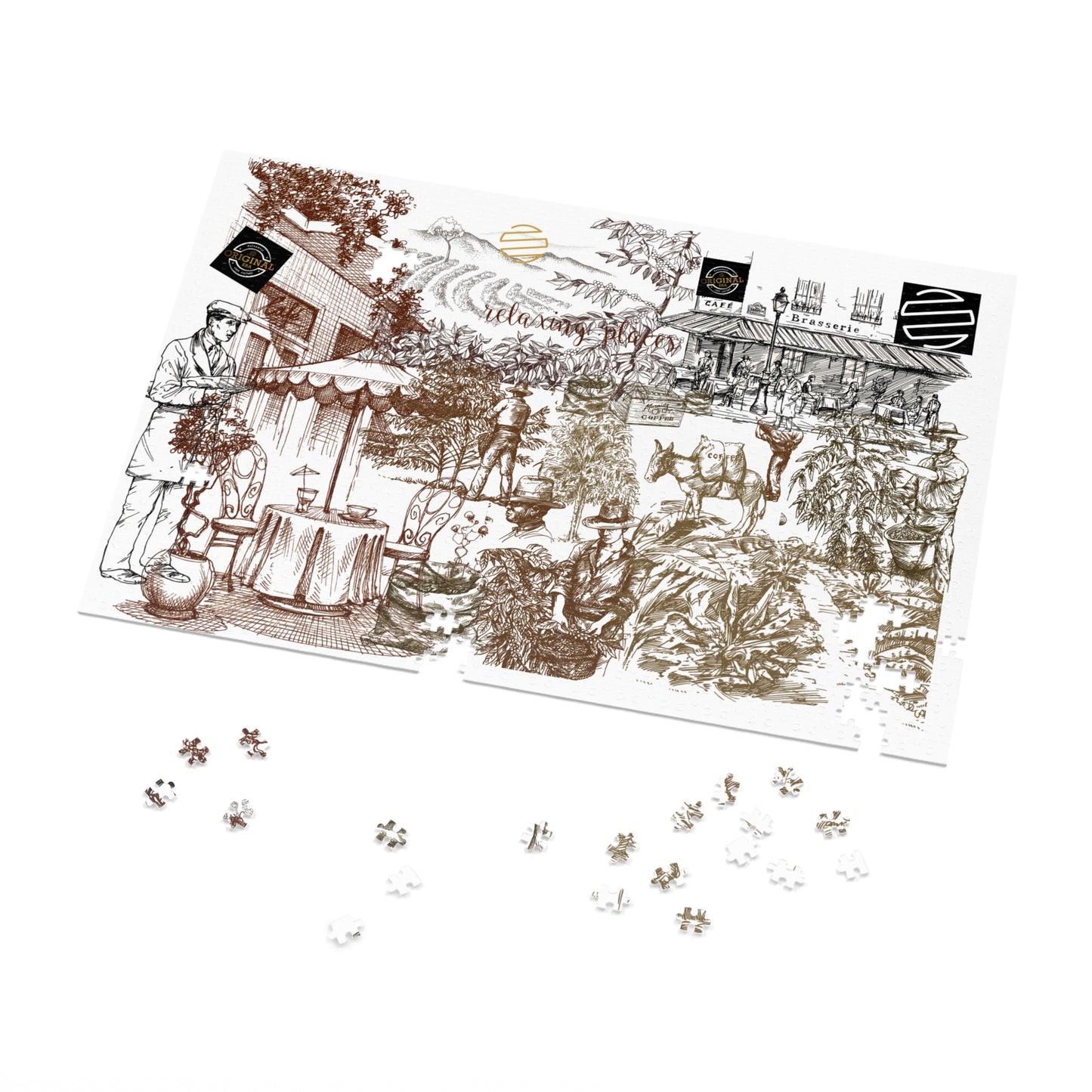 Vintage Cafe Culture Themed Jigsaw Puzzle with Tin