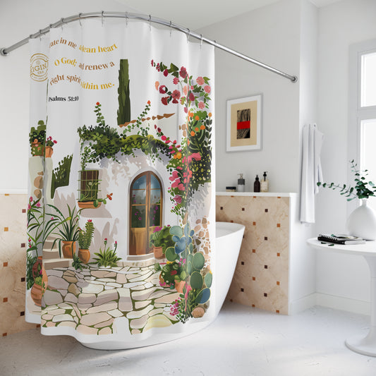 Mediterranean Garden Shower Curtain - Psalm 51:10 Bible Verse