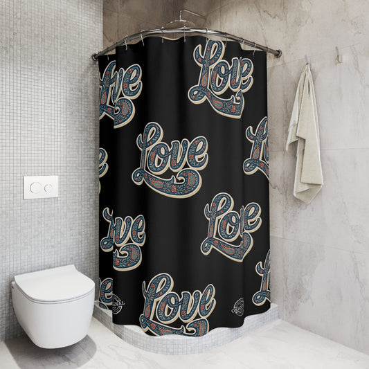 Love Pattern Shower Curtain — Retro Paisley Script Bathroom Decor