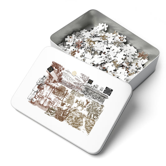 Vintage Cafe Culture Themed Jigsaw Puzzle with Tin