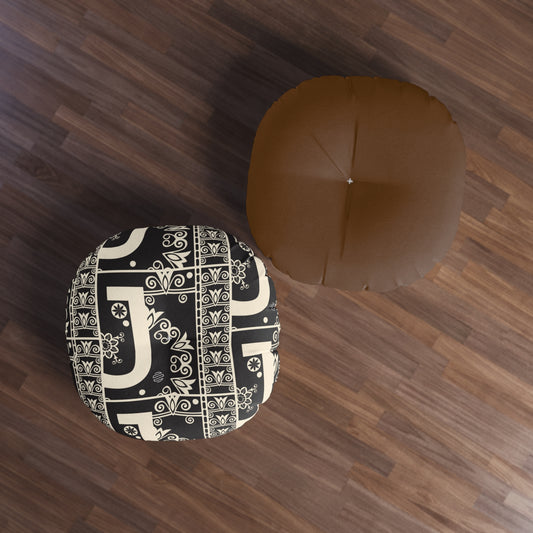 Round Tufted Floor Pillow — Black & Cream Geometric Jojo
