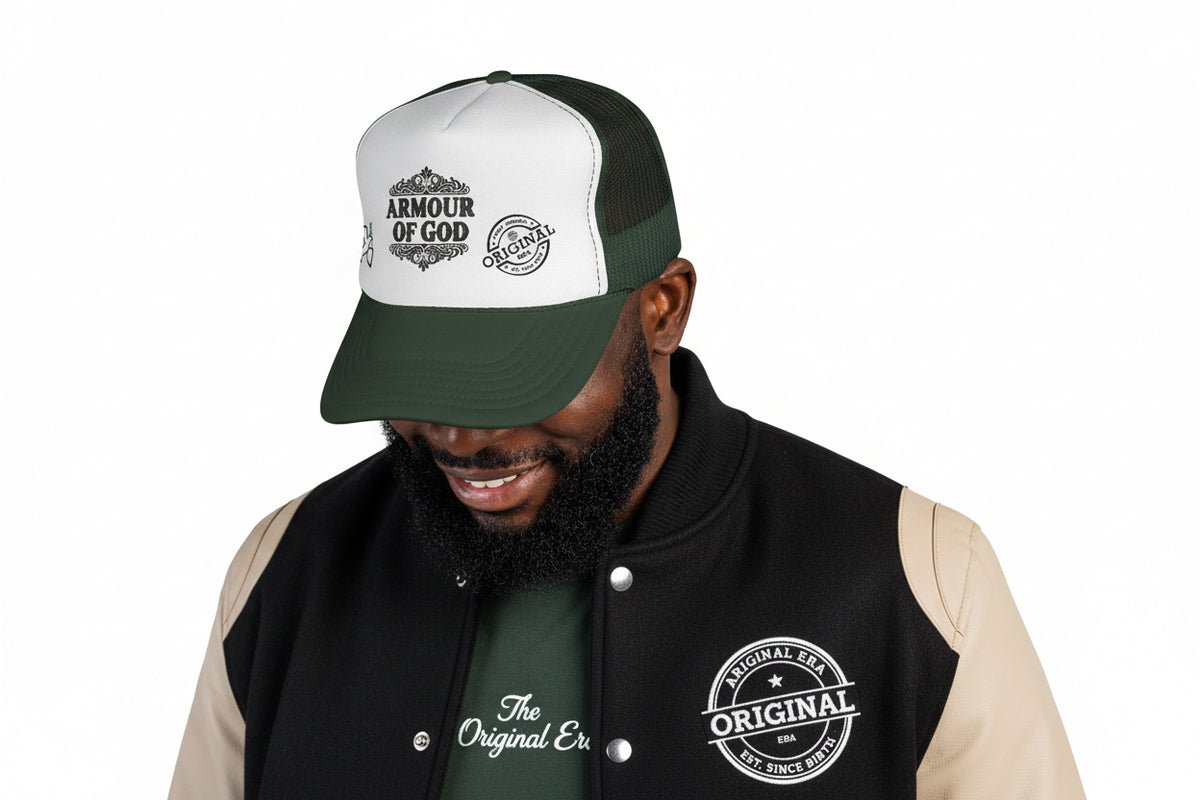 Armor of God Trucker Hat — Christian Faith Baseball Cap with Dove & 'Original' Seal