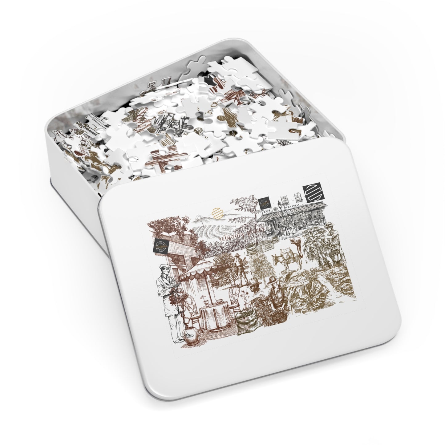 Vintage Cafe Culture Themed Jigsaw Puzzle with Tin