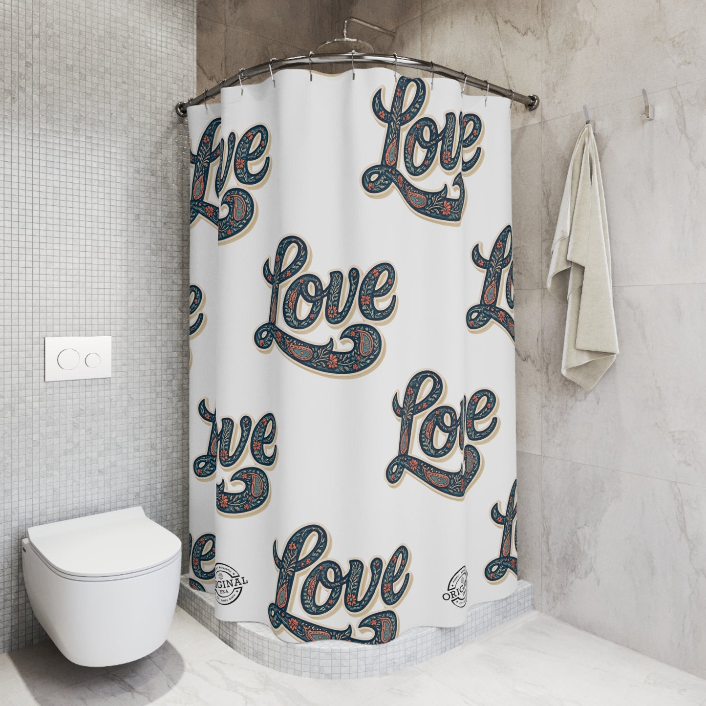 Love Pattern Shower Curtain (White) — Retro Paisley Script Bathroom Decor