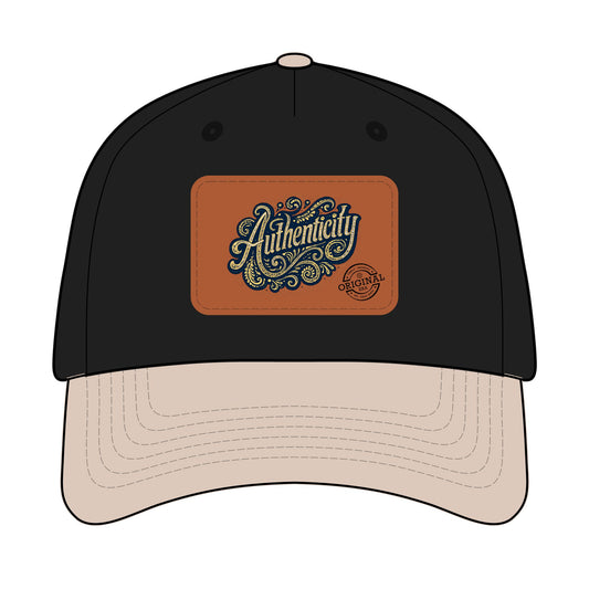 Authenticity Leather Patch Baseball Cap — Vintage Script Mid-Profile Hat