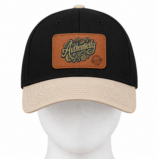 Authenticity Leather Patch Baseball Cap — Vintage Script Mid-Profile Hat