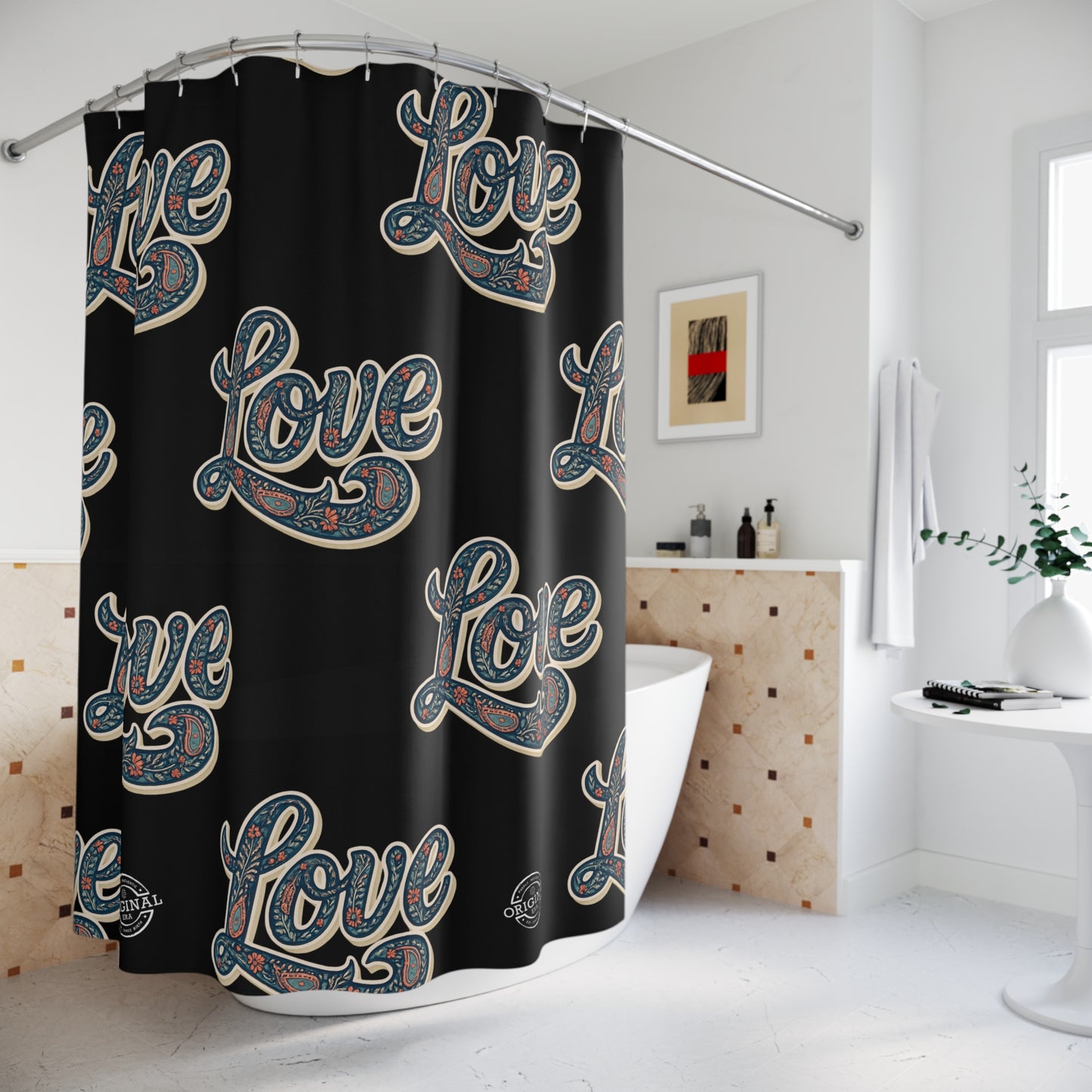 Love Pattern Shower Curtain — Retro Paisley Script Bathroom Decor