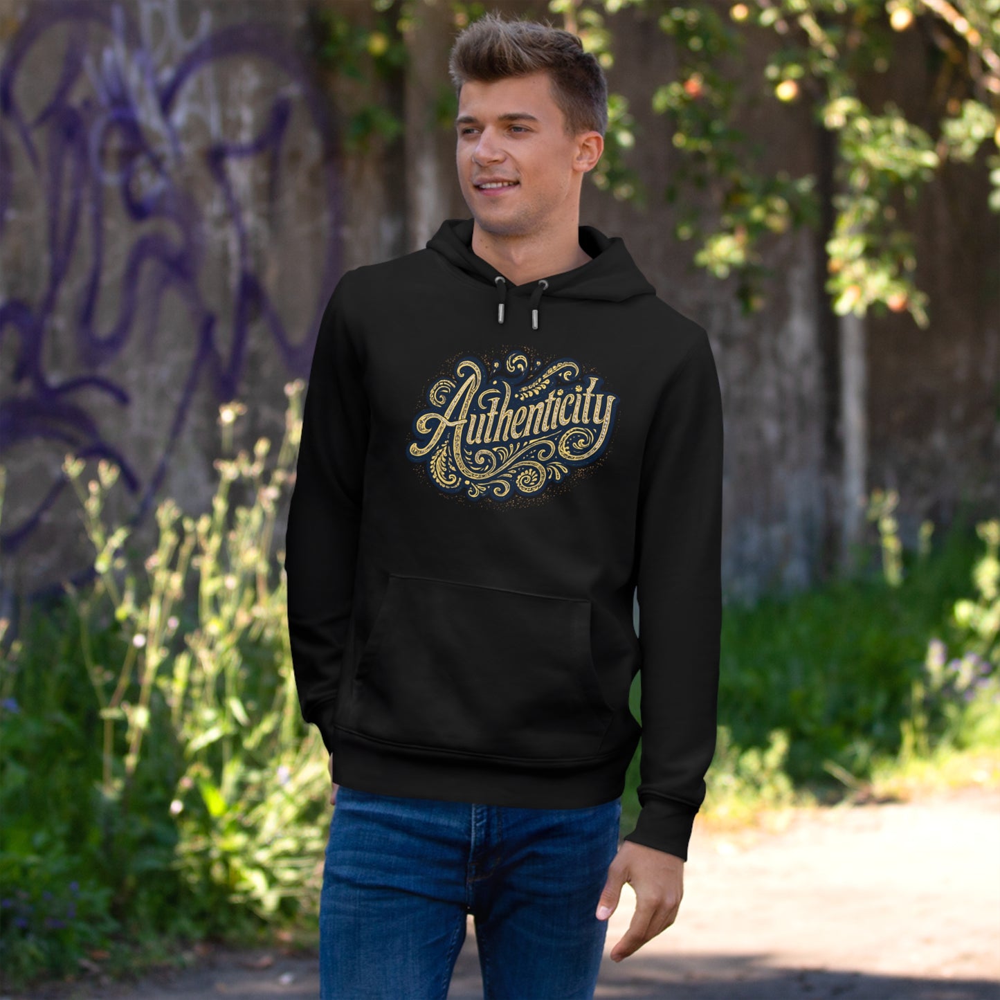 Authenticity Script Hoodie — 'Authenticity' Vintage Ornate Graphic Hooded Sweatshirt