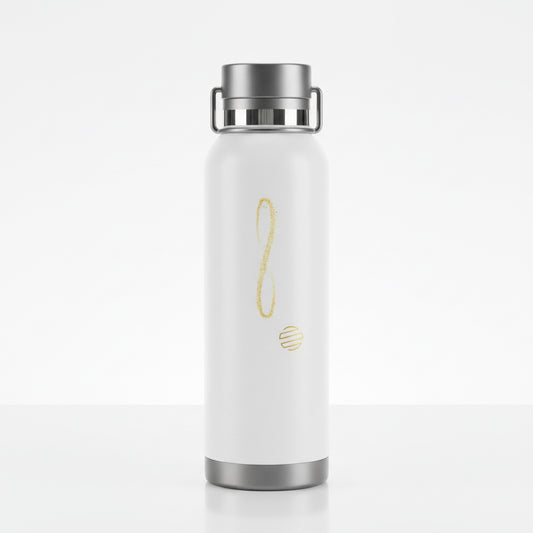 Outline of a water bottle with a gray cap and base on a white background