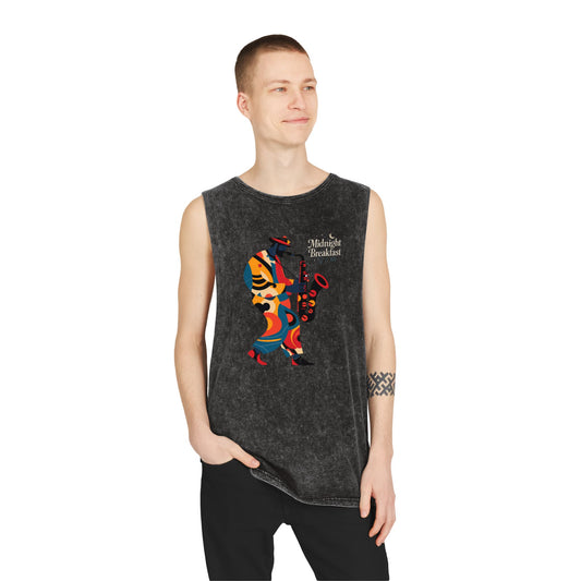 Midnight Breakfast Saxophone Silhouette Tank Top — Jazz Night Music Tee