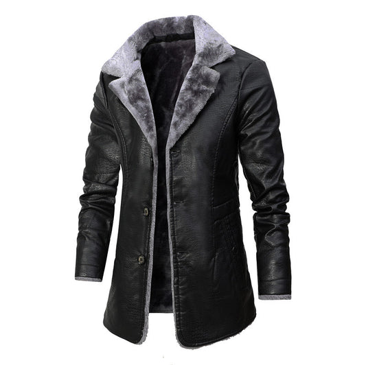 Men's Plush Lapel Leather Fleece Coat