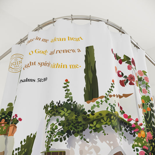 Mediterranean Garden Shower Curtain - Psalm 51:10 Bible Verse