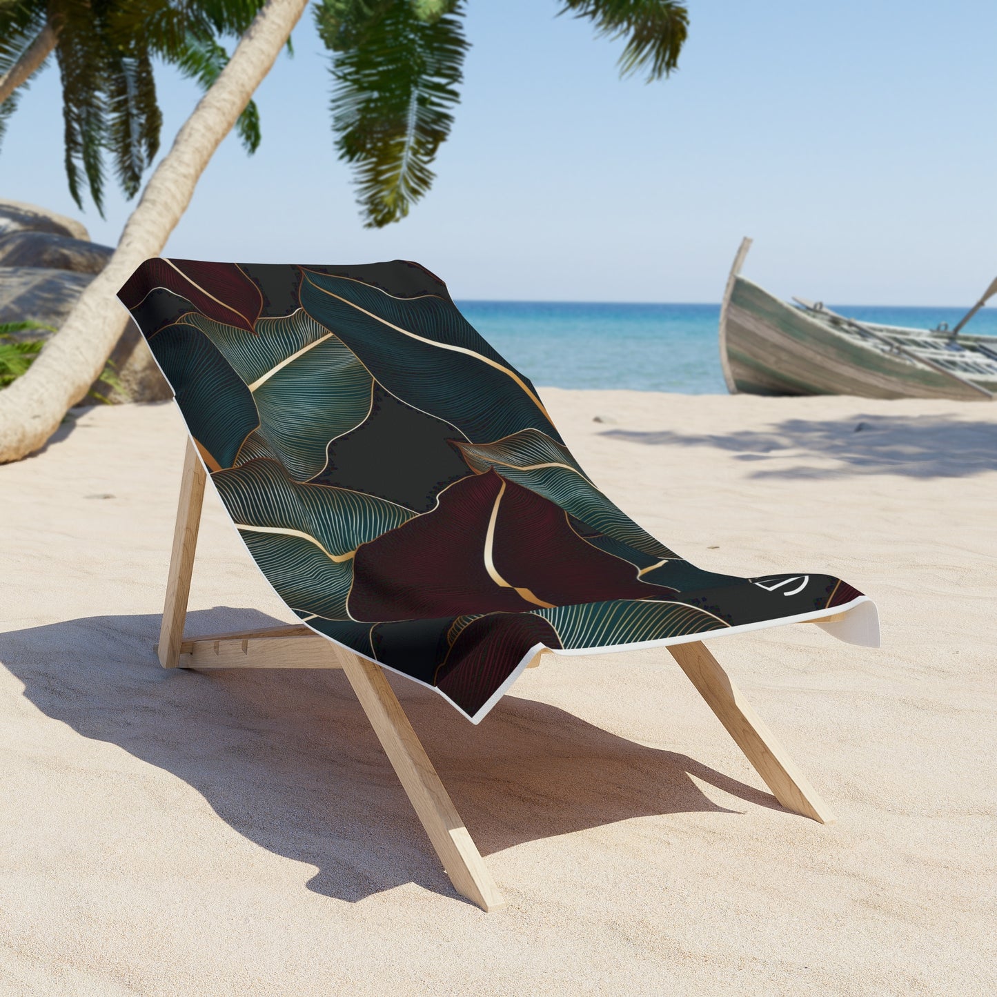 Tropical Midnight Leaf Beach Towel — Dark Botanical Pattern