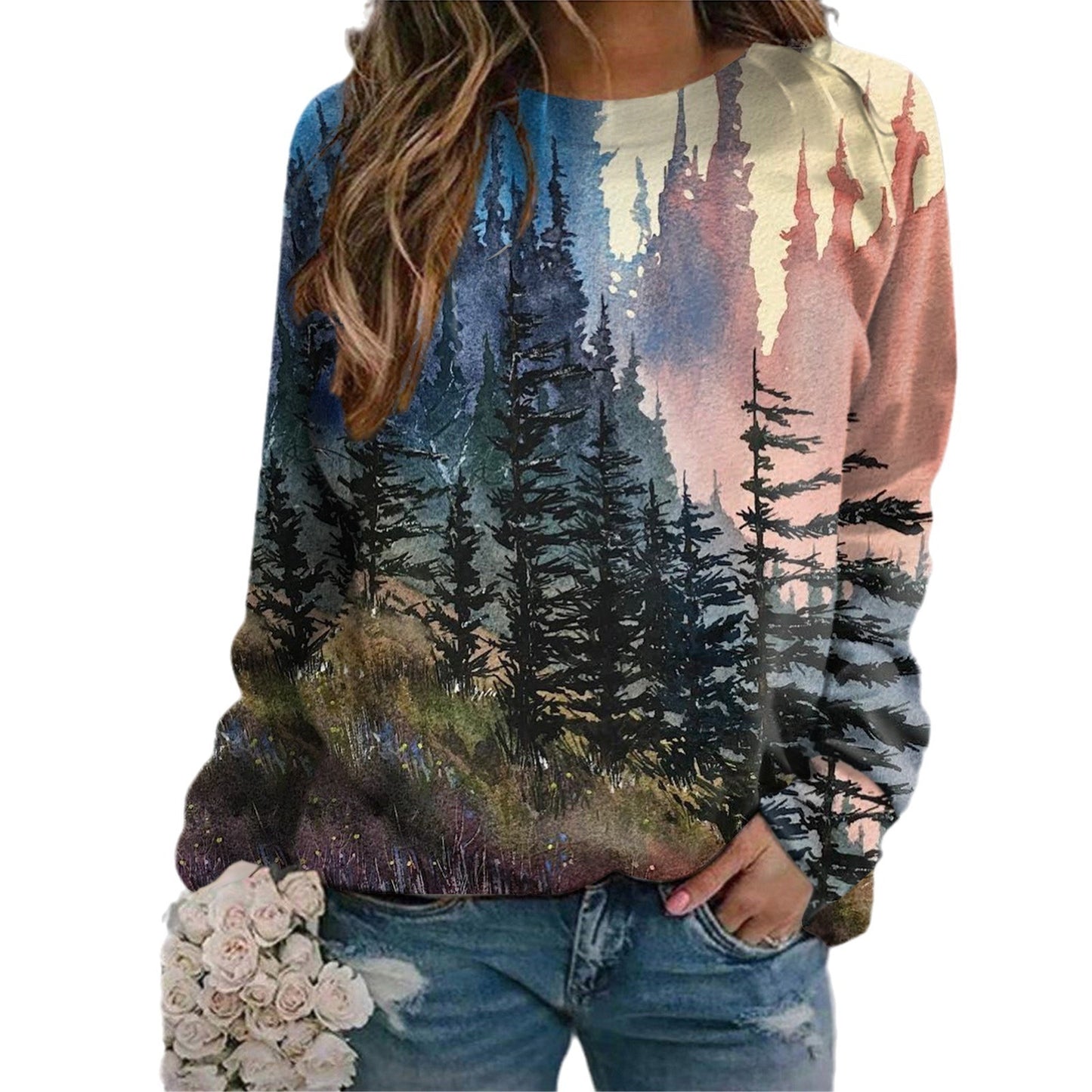 Women's Nordic Landscape Casual Round Neck Sweater