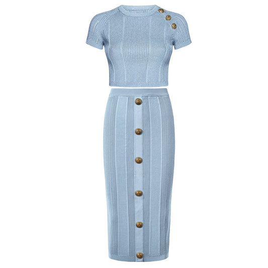 Knitted T-shirt Top Half-length Midi Skirt Suit
