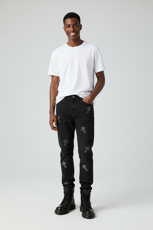 Retro Black Jeans with Cross Hot Rhinestones