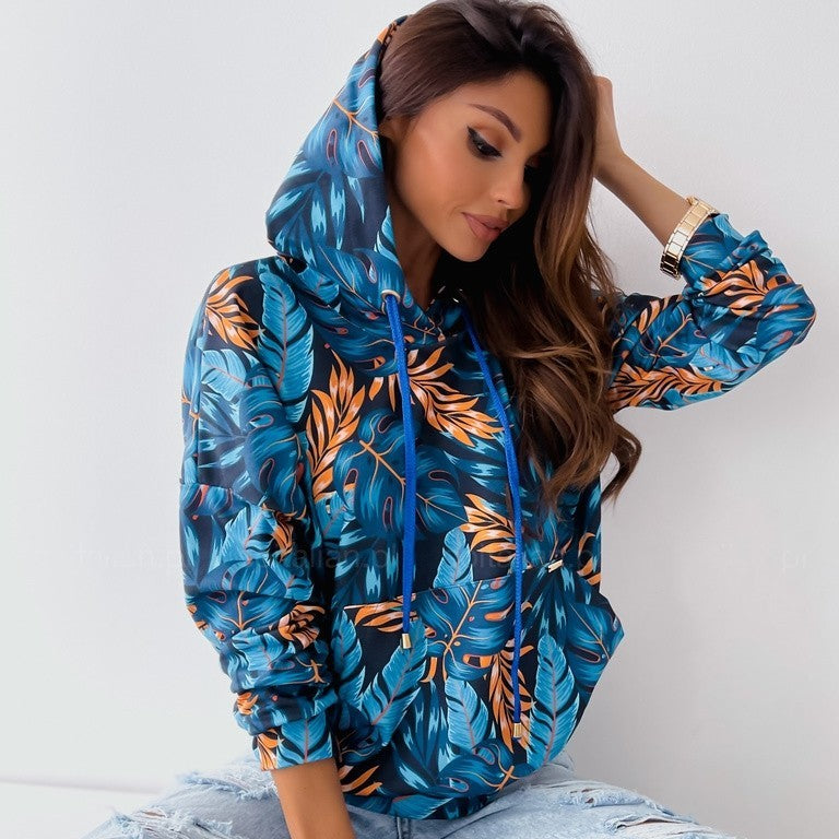 Women's Floral Hooded Rope Pocket Sweatshirt