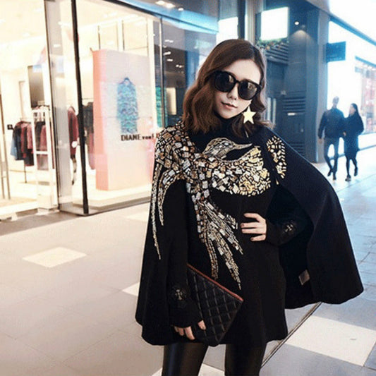 Embroidered Flying Woman Sequin Poncho with Beading