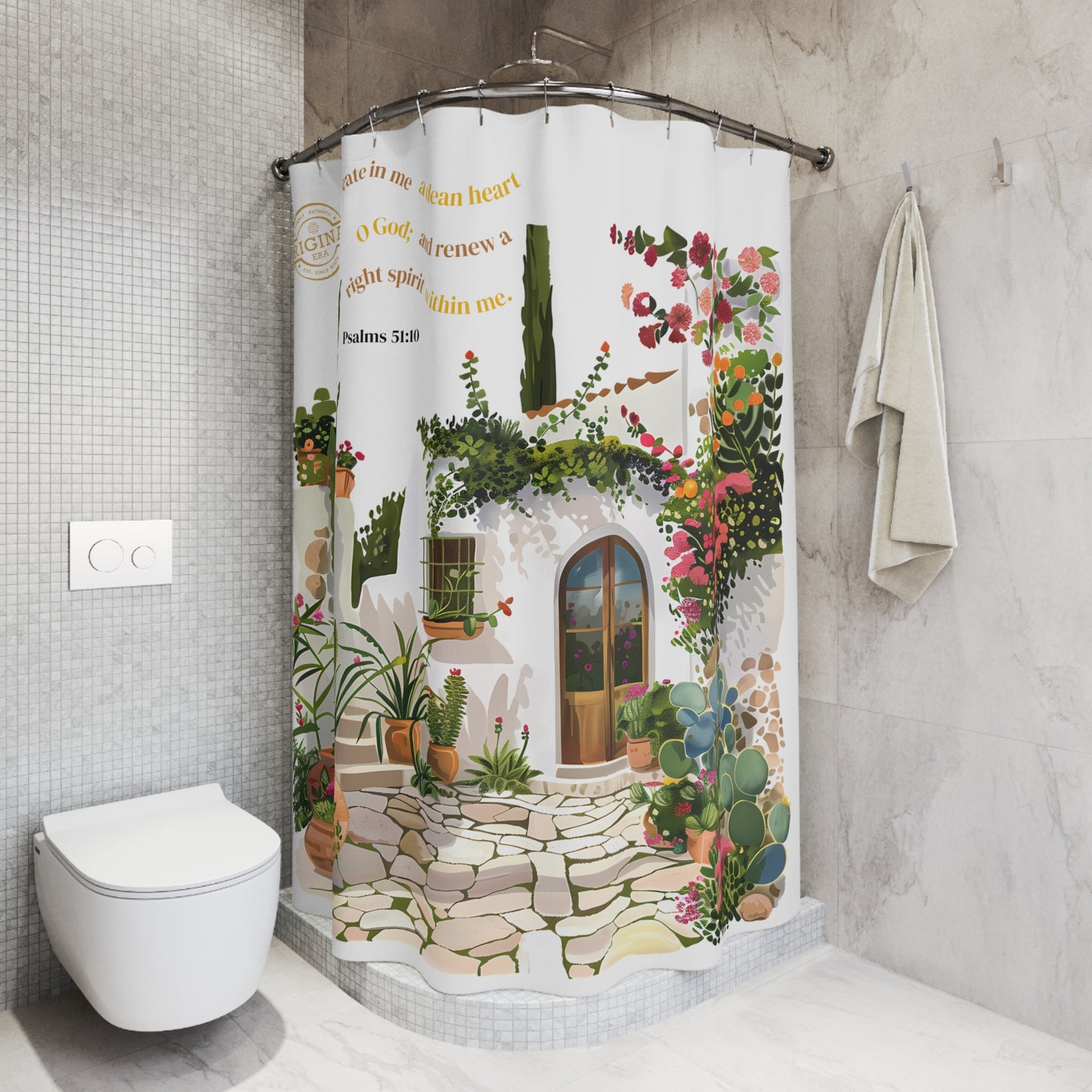 Mediterranean Garden Shower Curtain - Psalm 51:10 Bible Verse