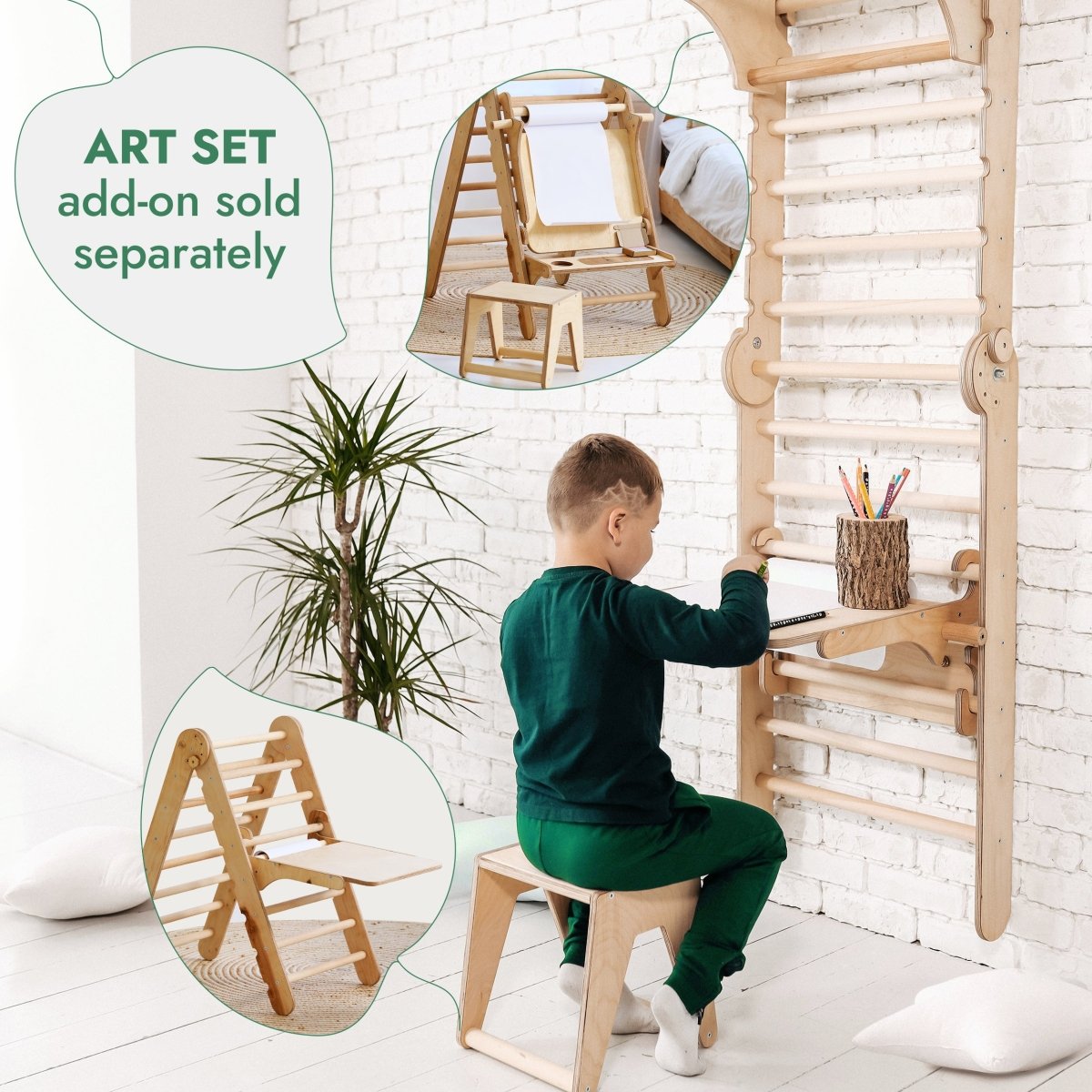 3in1: Wooden Swedish Wall / Climbing ladder for Children + Swing Set + Slide Board