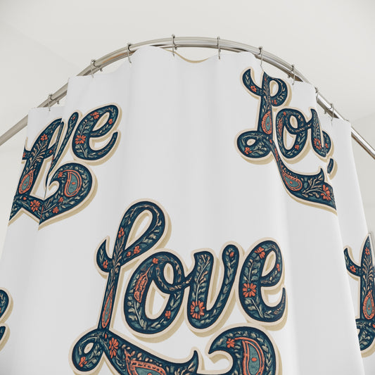 Love Pattern Shower Curtain (White) — Retro Paisley Script Bathroom Decor