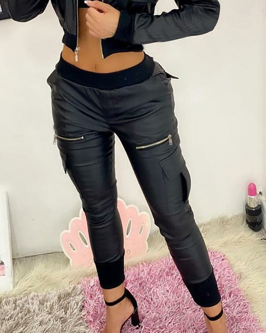 Euro-American Black PU Tie Trousers