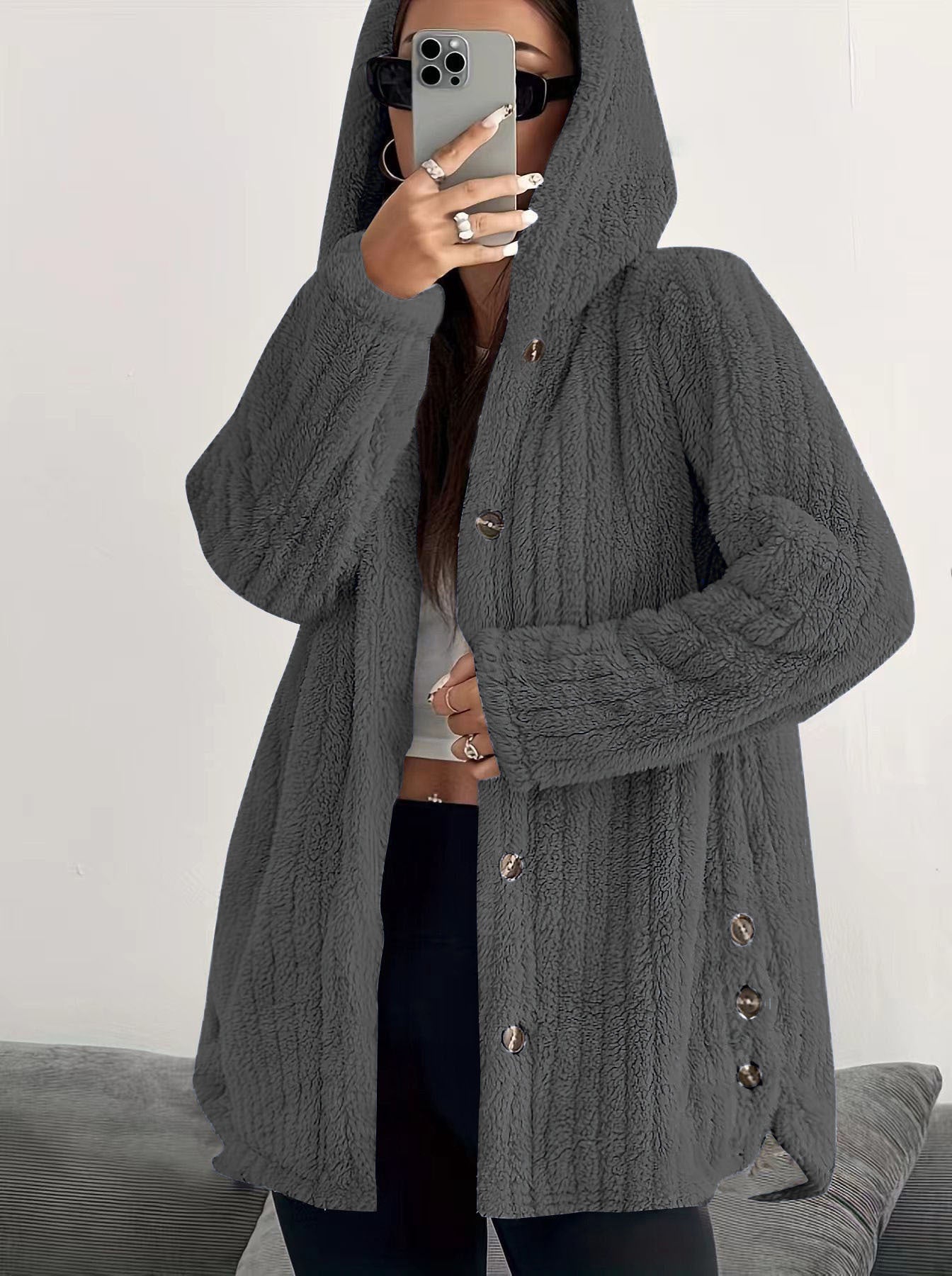 Women's Regular Sleeve Hooded Loose Plush Coat