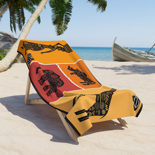 African Safari Animals Beach Towel – Giraffe, Elephant & Rhino Tribal Design