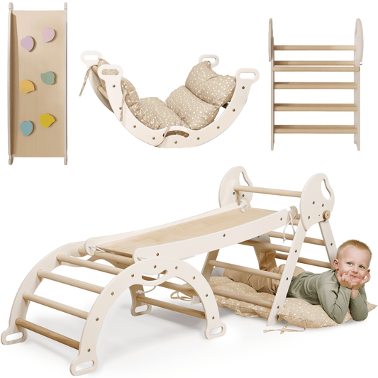 4in1 Montessori Climbing Set: Pikler Triangle, Arch, Slide Board, and Cushion for Toddlers (1–3 Years)