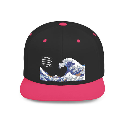 Snapback Hat — Blue Wave Japanese Art Flat-Bill Cap