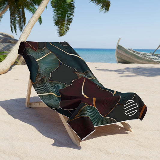 Tropical Midnight Leaf Beach Towel — Dark Botanical Pattern