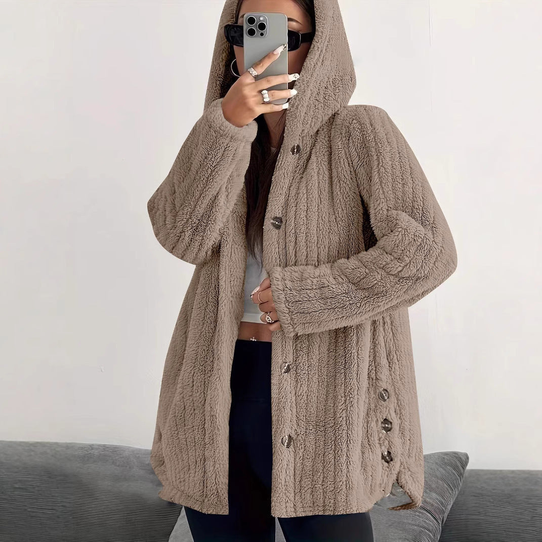Women's Regular Sleeve Hooded Loose Plush Coat