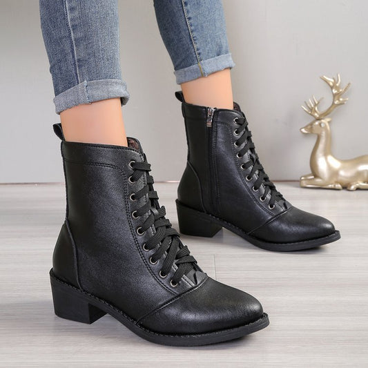 Women's British Style Casual High-top Zipper Leather Boots