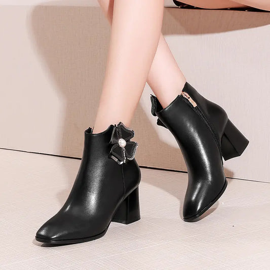 Women's Leather Ankle Boots with Square Toe and Chunky Heel
