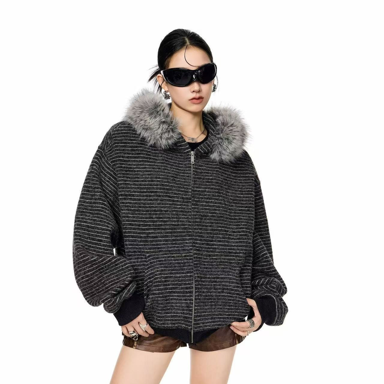 Women's Vintage Fur Collar Hooded Zipper Cardigan Sweater