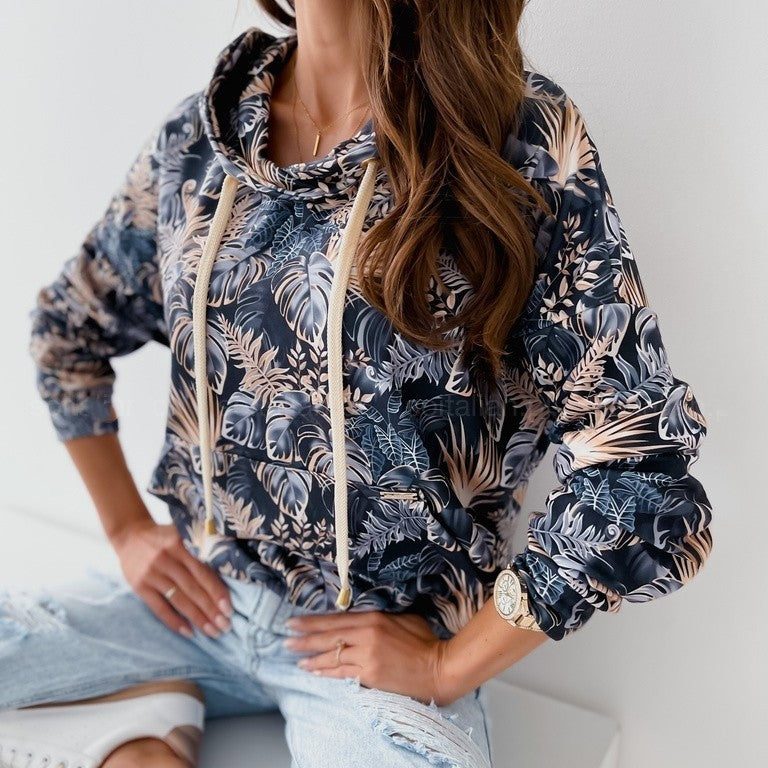Women's Floral Hooded Rope Pocket Sweatshirt