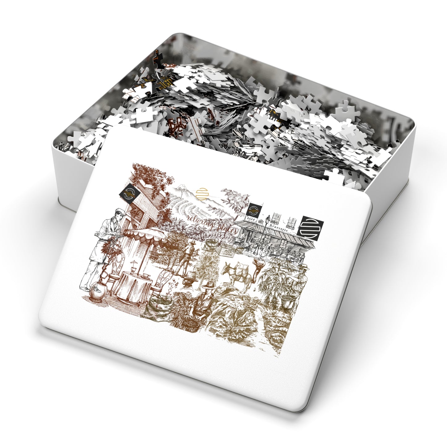 Vintage Cafe Culture Themed Jigsaw Puzzle with Tin
