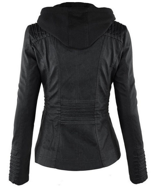 Women's Casual Leather Zipper Jacket With Detachable Hood