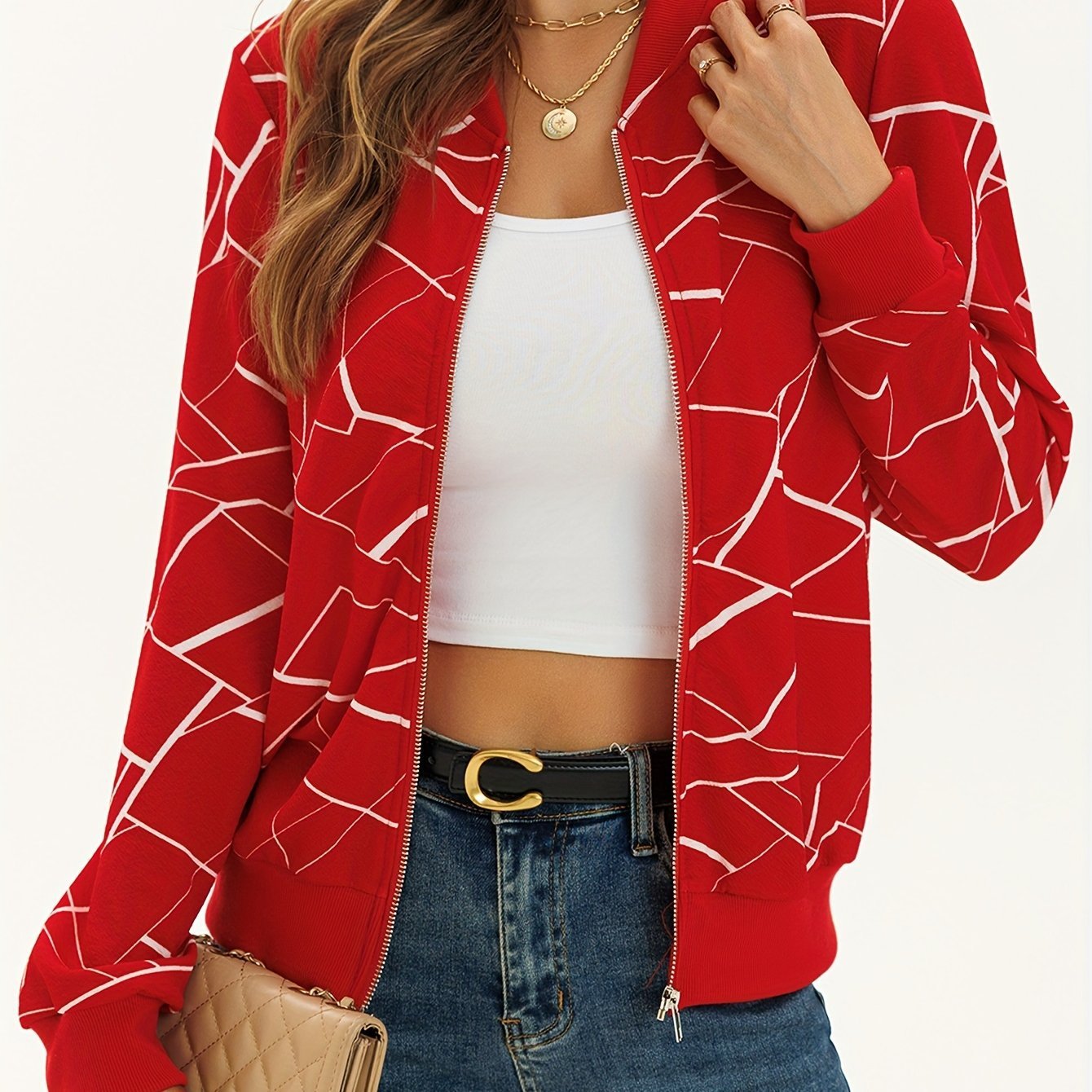 Women's Elegant Patterned Zip Up Bomber Jacket
