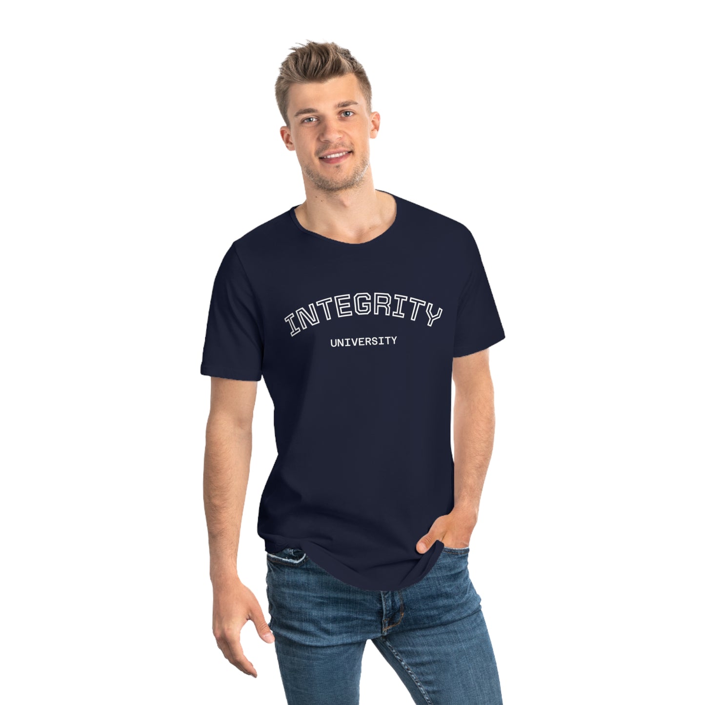Integrity University Curved-Hem Tee — Modern Collegiate Men’s T‑Shirt