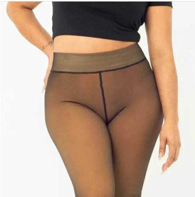 Women's One-line True See-through Leggings Fleece-lined - Warm Outer Wear Pantyhose