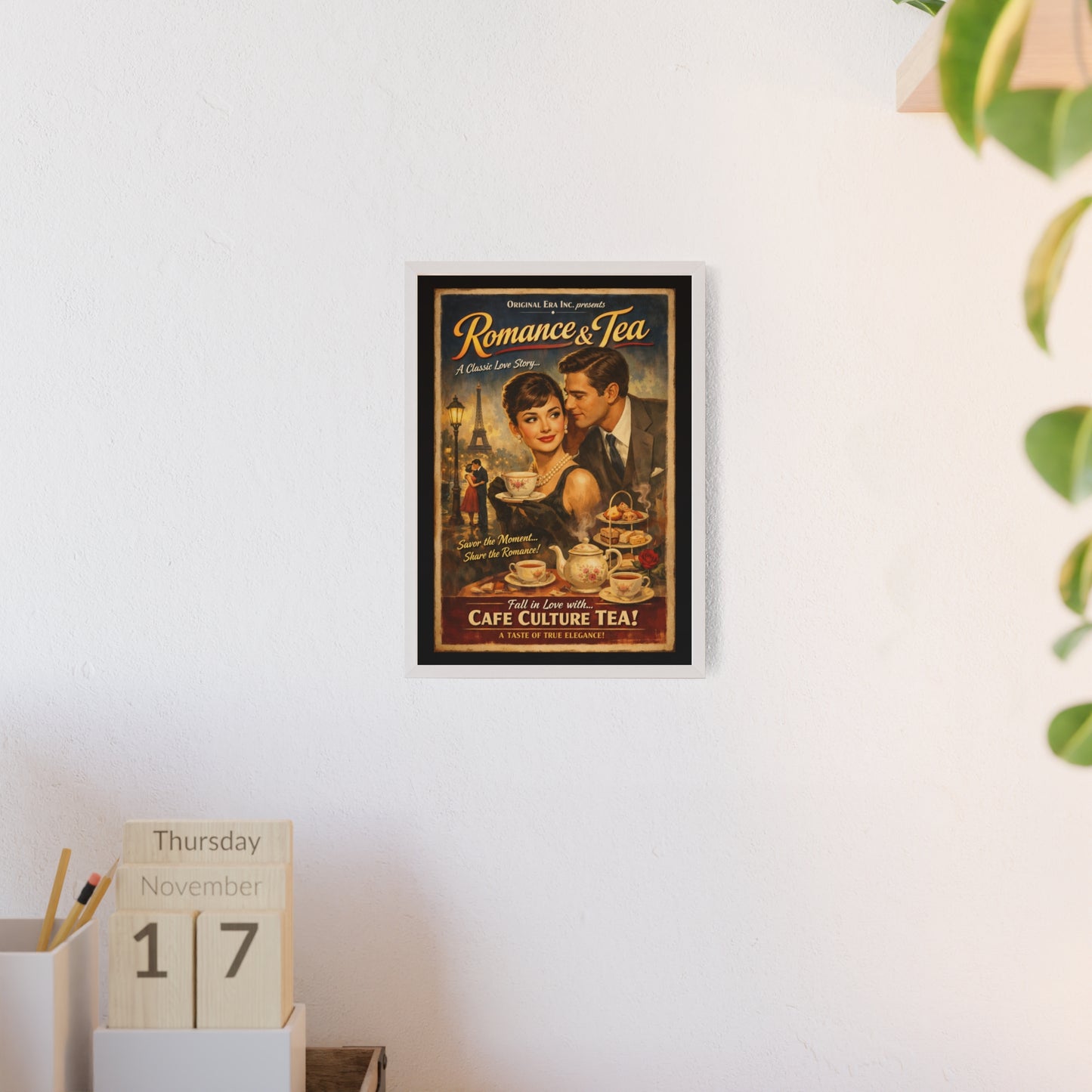 Romance & Tea Vintage Cafe Poster — Framed Wall Art