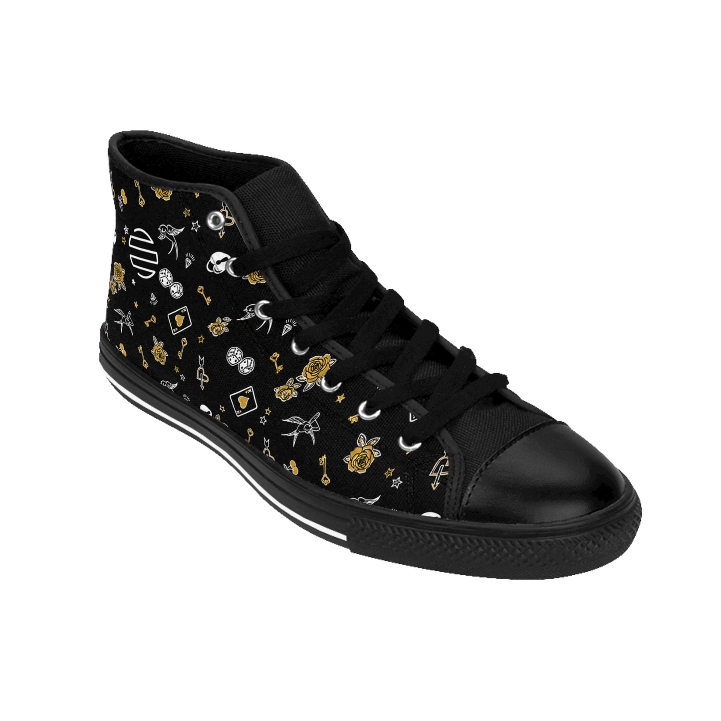 Women's Game Of Love Black Floral Pattern High-Top Sneakers — Gold & White
