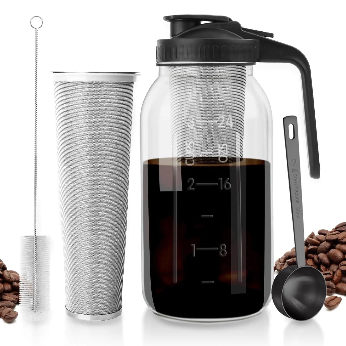 64 oz Mason Jar Cold Brew Maker with Stainless Steel Accessories